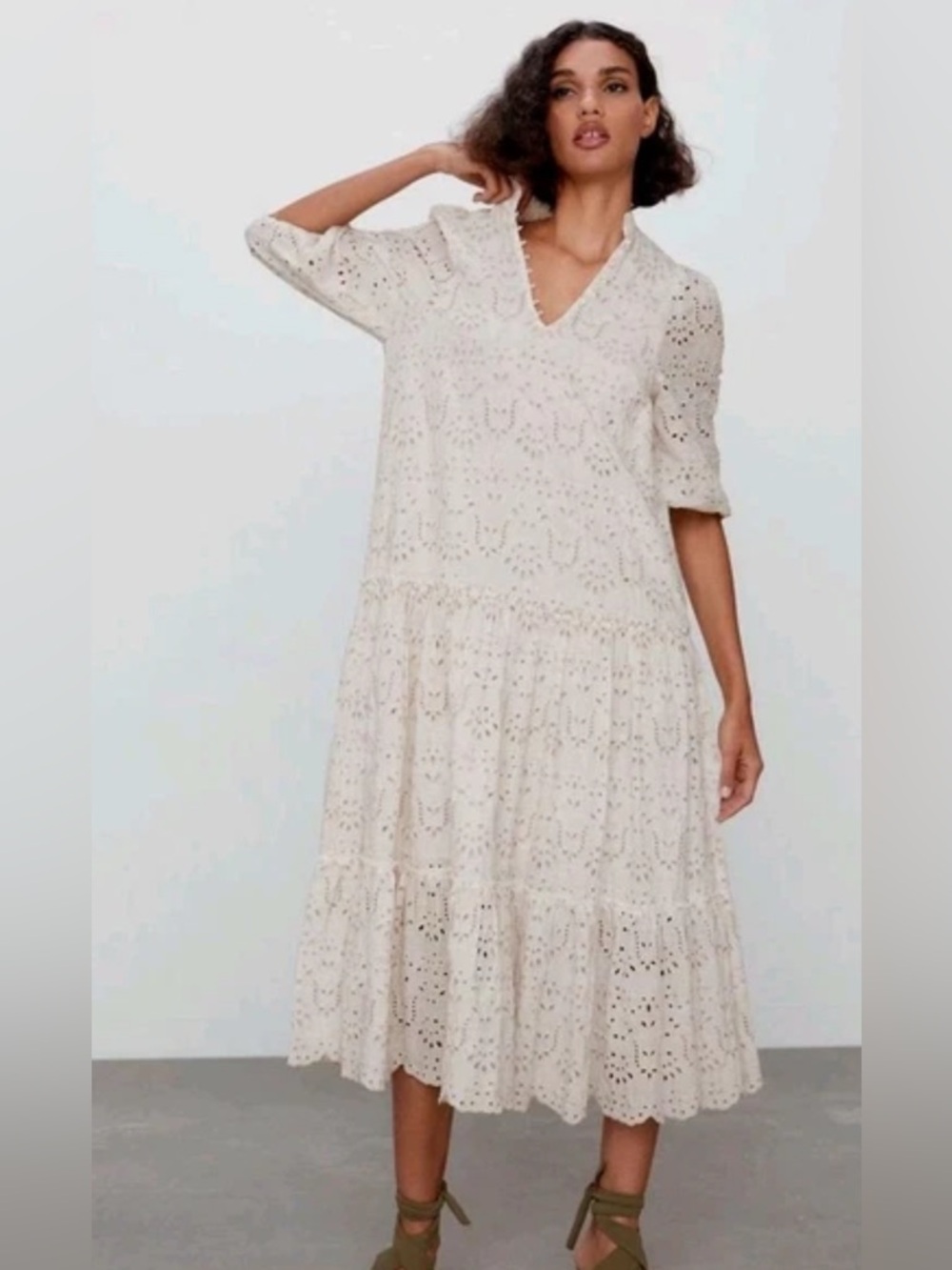 Zara Cream Eyelet V-Neck Maxi Dress